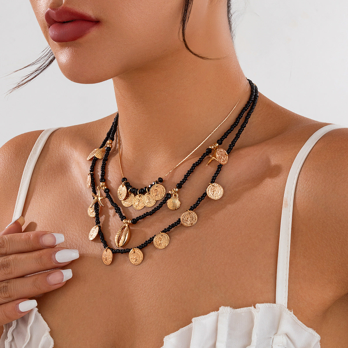 Minimalist Plated Alloy Starfish and Bead Shell Necklace Set for Women