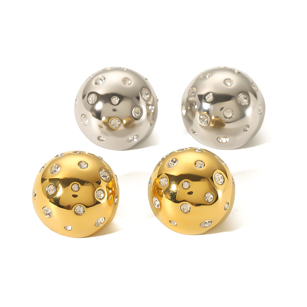 Orecchini minimalisti geometrici a sfera in acciaio al titanio da donna con intarsio in strass e placcatura in oro 18 carati