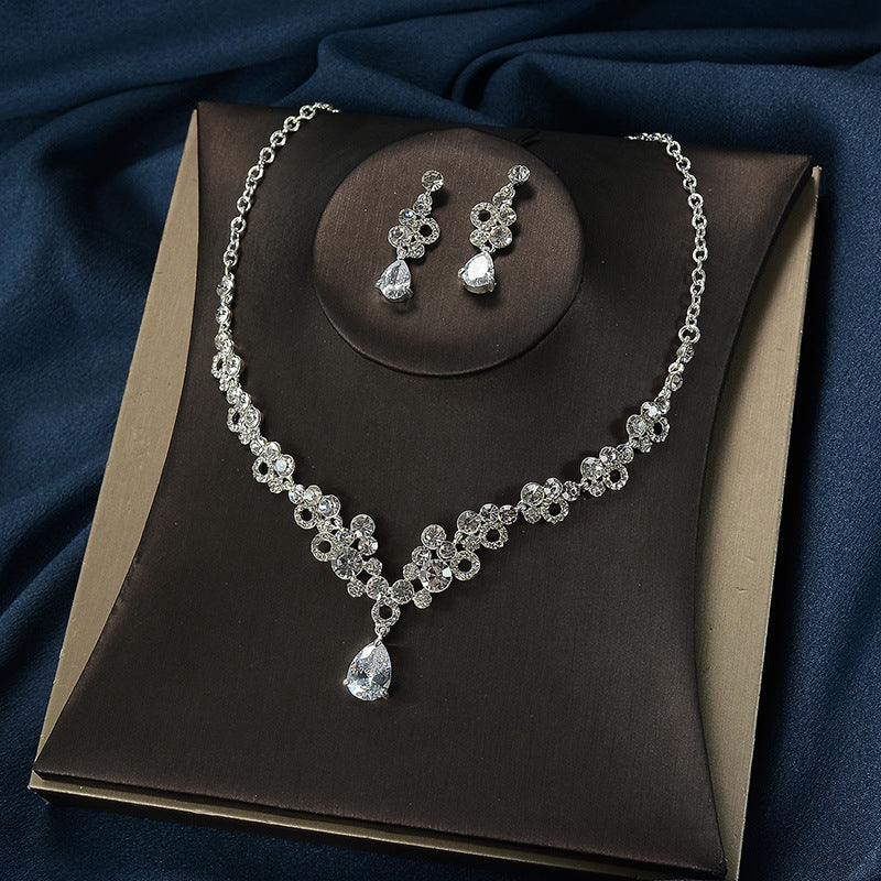 Minimalist Elegant Floral Alloy Plated Cubic Zirconia Rhinestone Necklace and Earring Set with Cable Chain for Women Wedding Bridal Jewelry