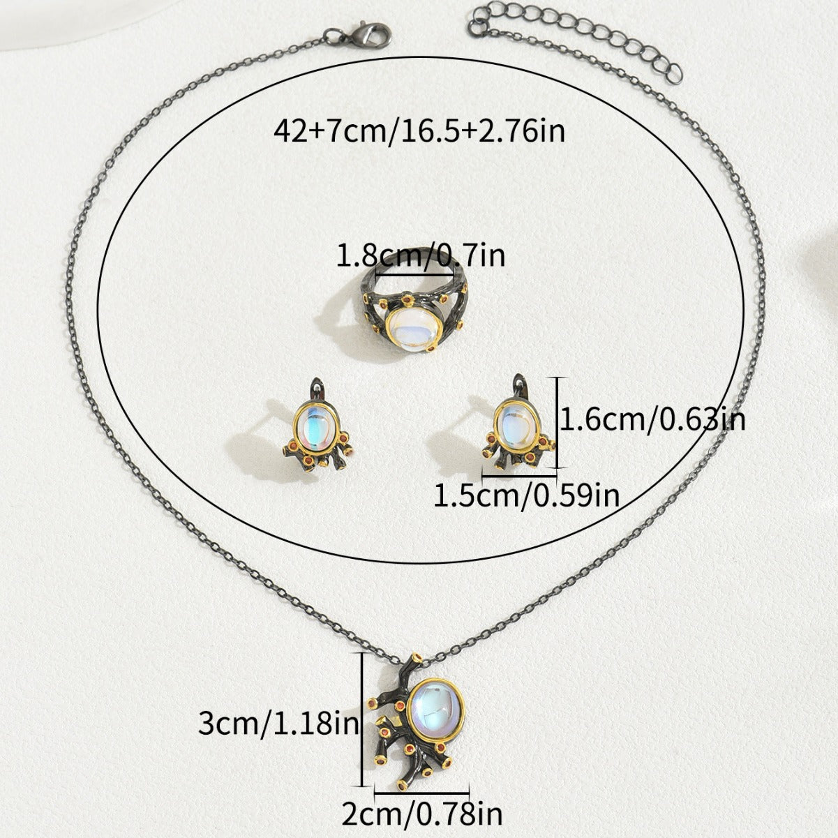 Collar, Anillo y Pendientes de Cobre con Incrustaciones de Piedra Lunar de Estilo Geométrico para Mujer con Elementos de Diseño Ovalados, Octogonales, Biselados, Cuadrados y Lineales
