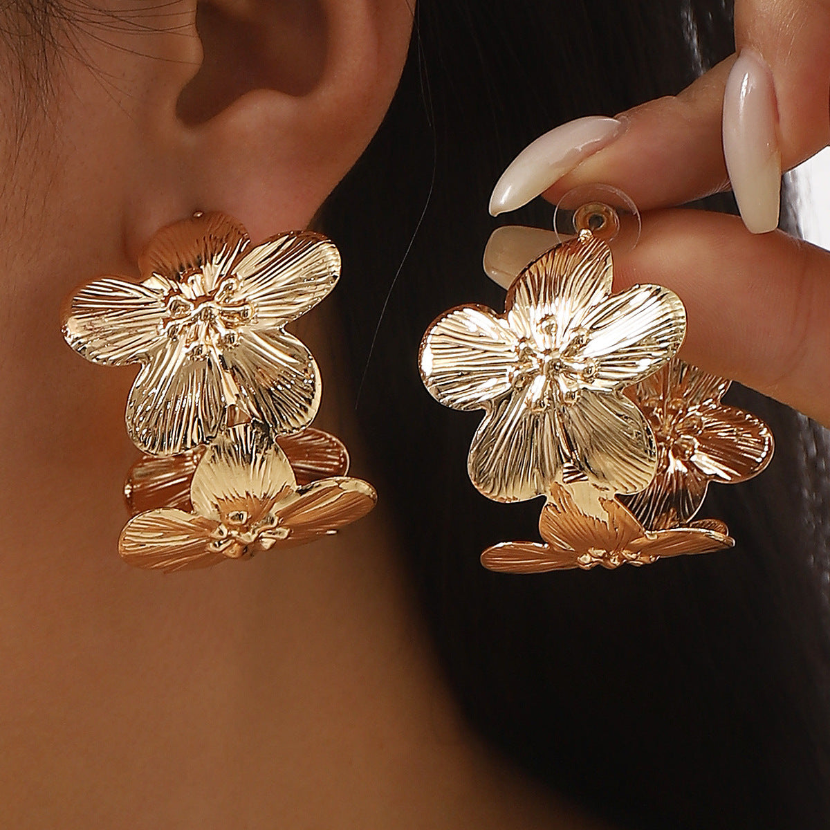 Pendientes de aro circulares geométricos minimalistas florales para mujer de aleación con acabado chapado