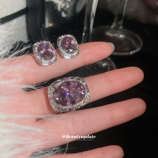 Elegant Oval-Shaped Zirconia-Set Copper Earrings and Ring Set for Women with Floral Pattern and Fashion-Forward Minimalist Luxury Style