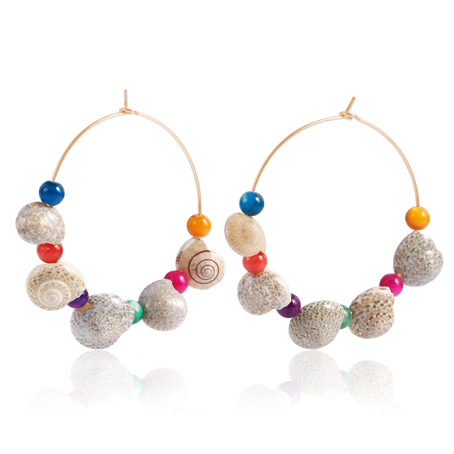 Orecchini da Donna Bohemien in Metallo Colorato con Perline, Pendente a Conchiglia e Design Geometrico, Finitura Galvanizzata