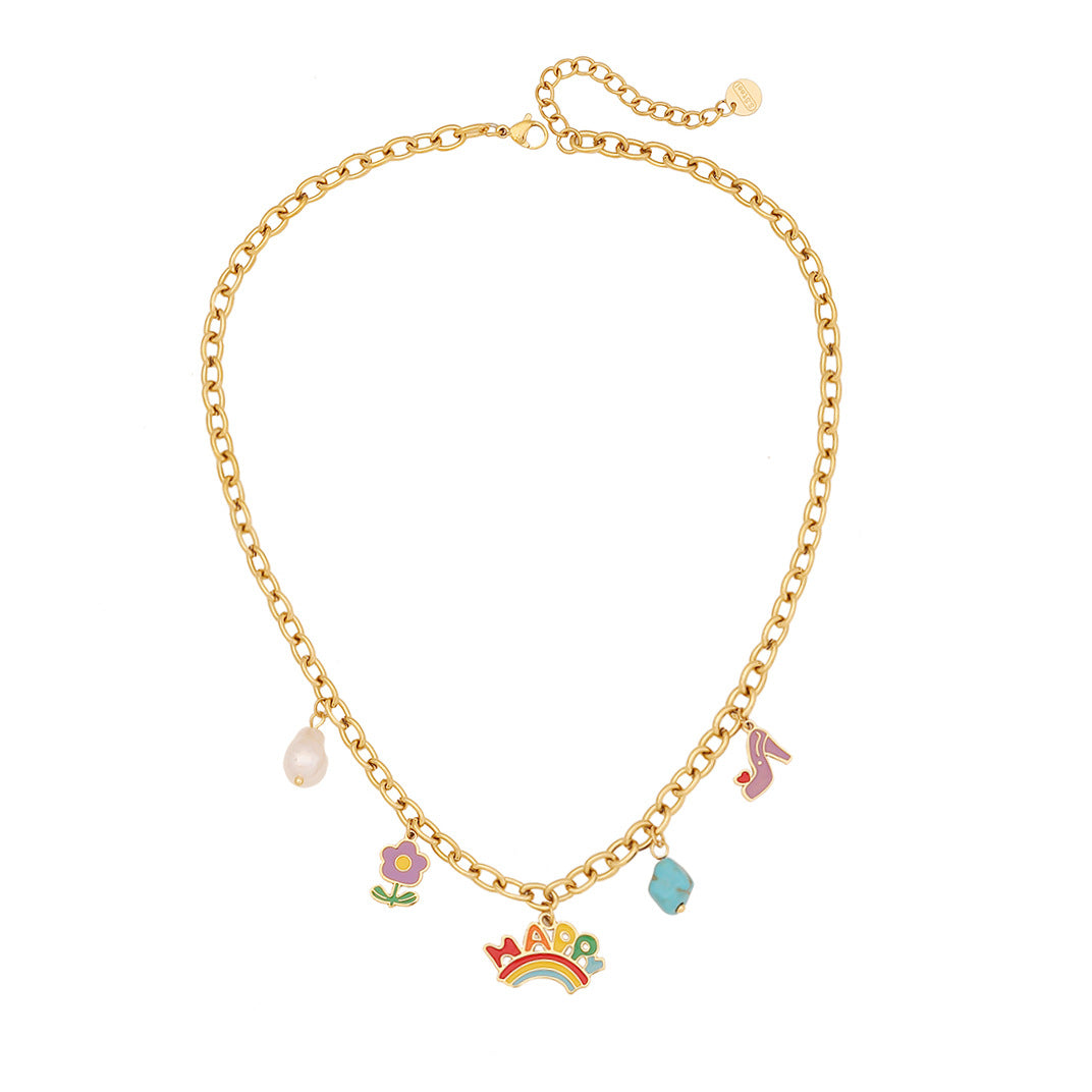 Collana con ciondolo in resina a forma di arcobaleno a cartone animato con accenti floreali turchesi e catena a serpente in acciaio inossidabile da donna