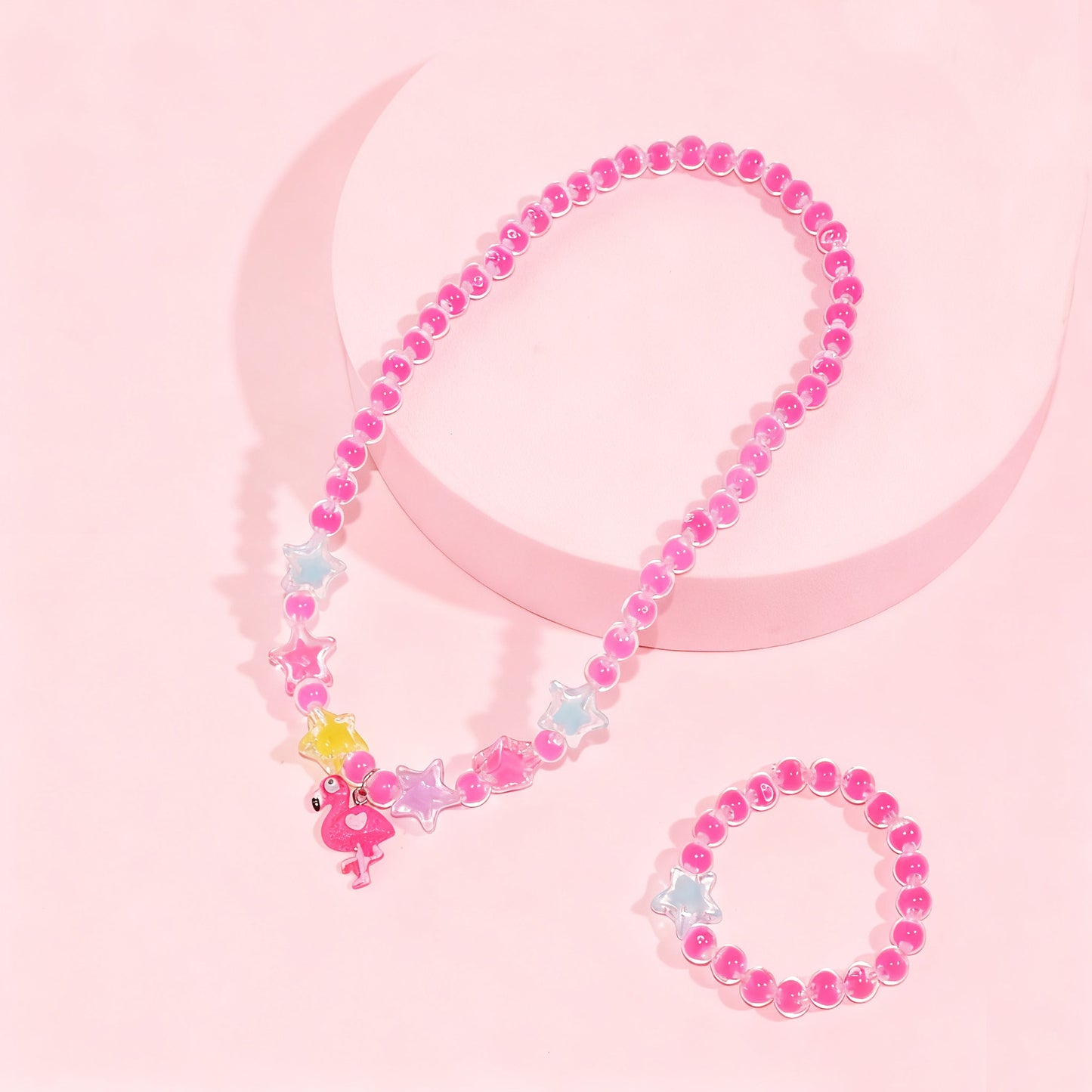 Cartoon Style Unicorn and Heart-Shaped Resin Beaded Necklace Set for Girls with Round Bead Chain