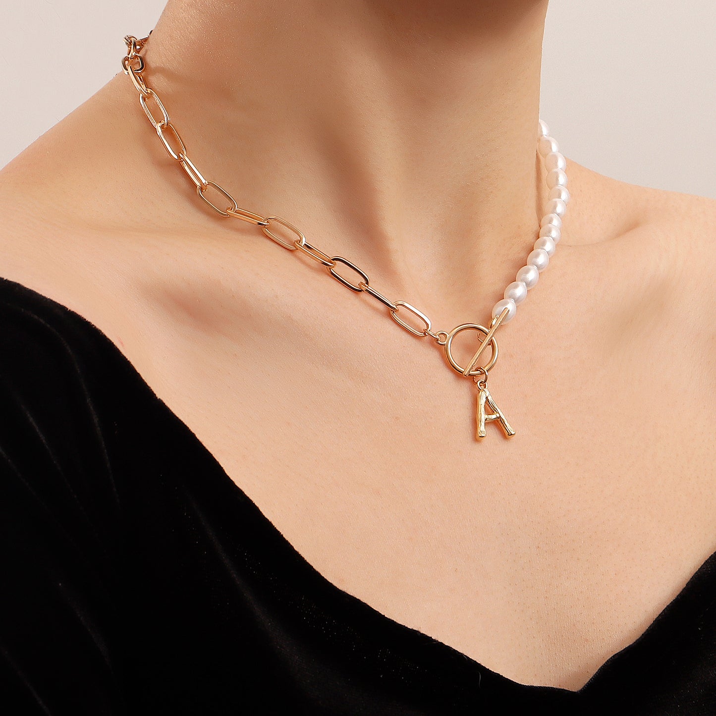 Minimalist Geometric Alloy Pendant Necklace with Simulated Pearl Accent and Letter A Design for Women