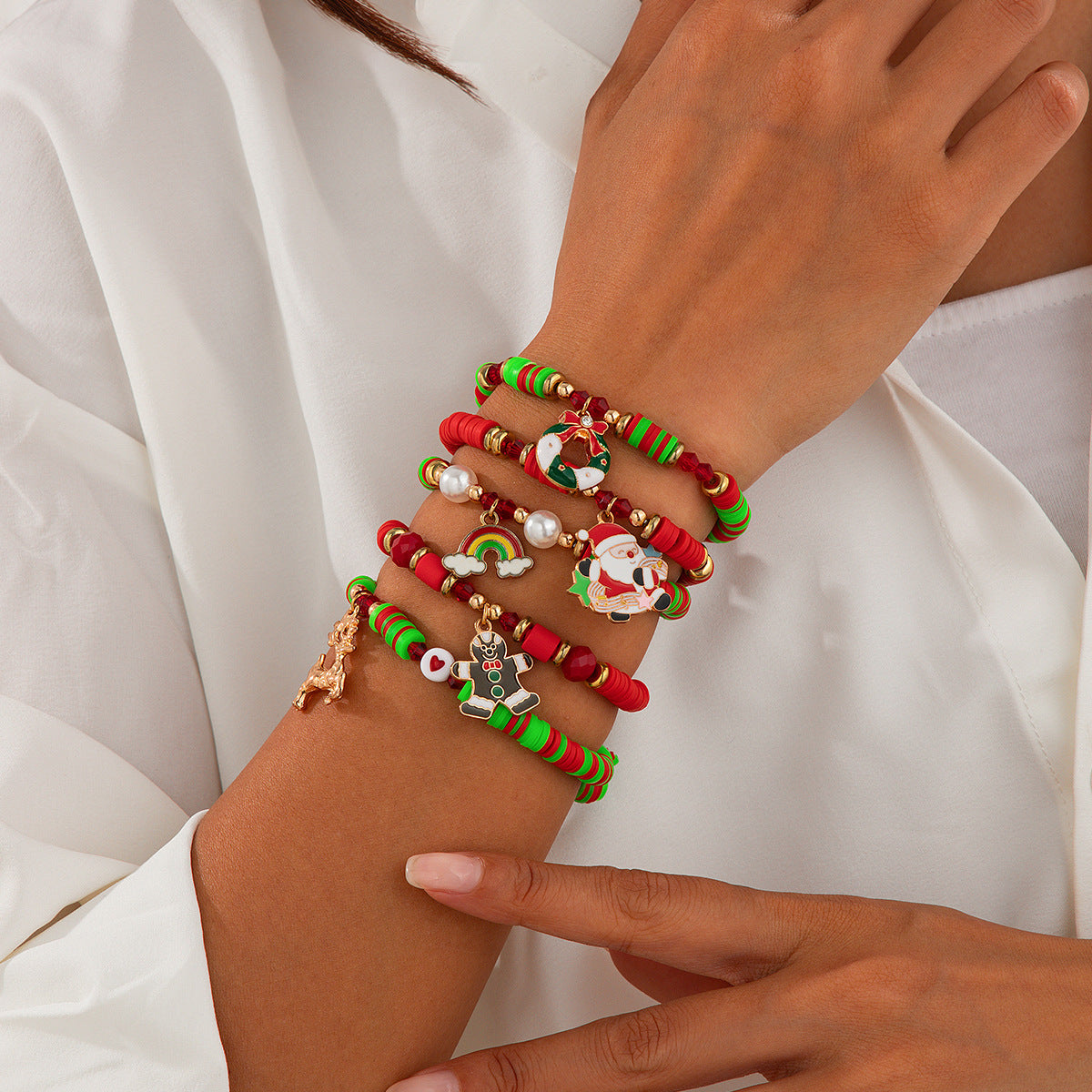 Cute Christmas Reindeer Polymer Clay Bracelet Set with Geometric Charms and Elastic Band for Women
