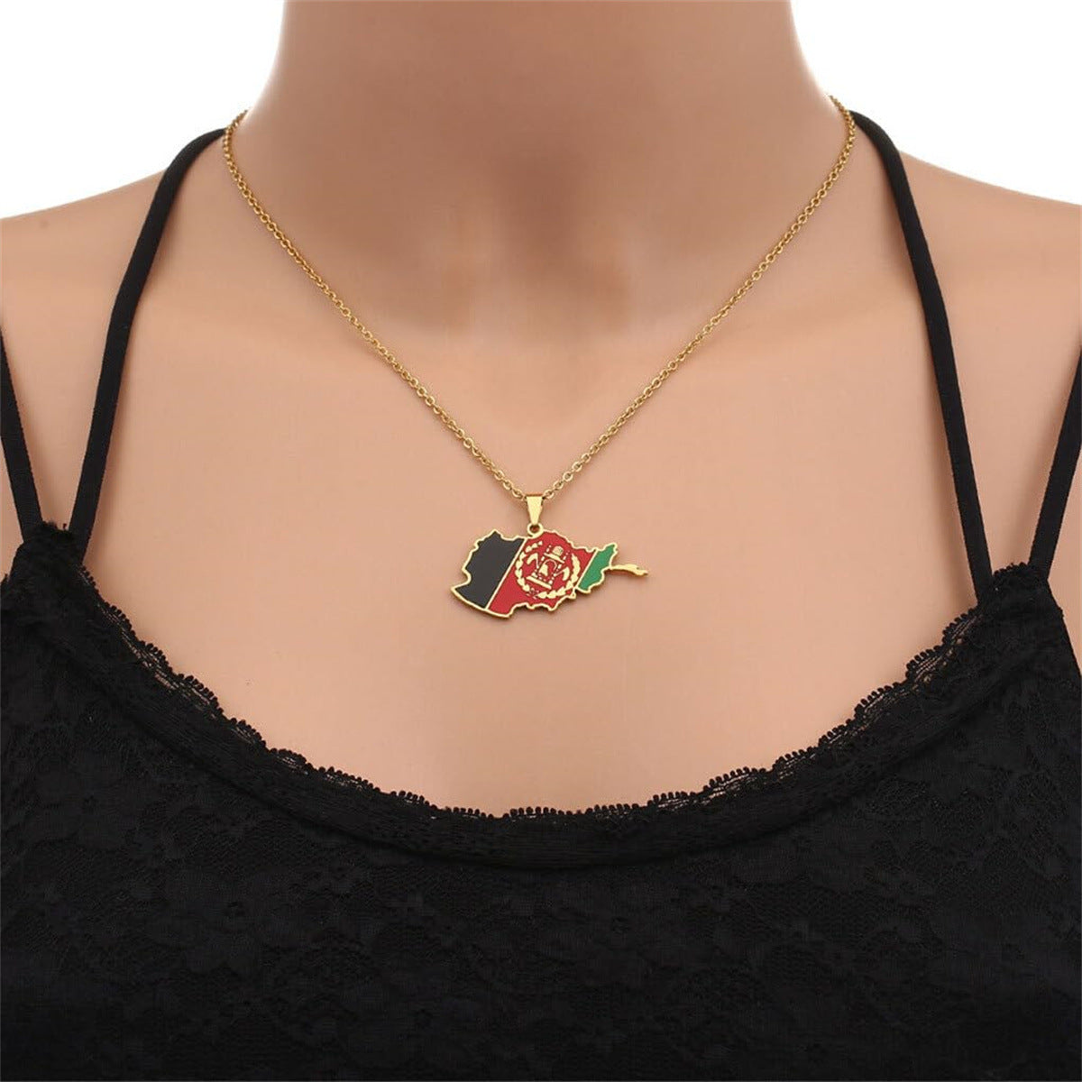 Minimalist Geometric Afghanistan Map Pendant Necklace in Stainless Steel with Titanium Steel Charm and Electroplated Finish on O-Chain