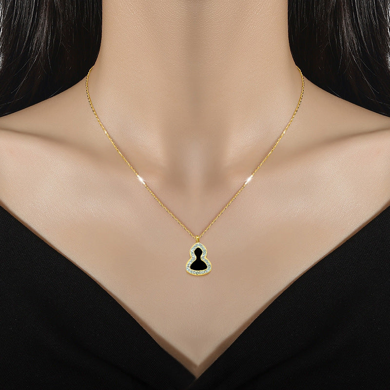 Minimalist Gourd-Shaped Full Rhinestone Titanium Steel Necklace for Women, Gold Plated Clavicle Chain