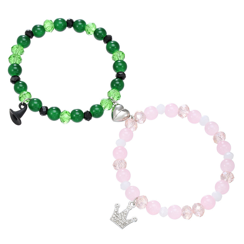 Geometric Heart Beaded Bracelet with Rhinestone Inlay and Magnetic Clasp for Unisex