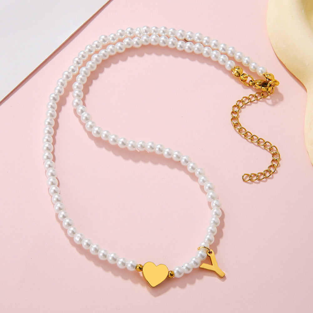 Minimalist Letter Heart Stainless Steel Pearl Necklace Women Cable Chain