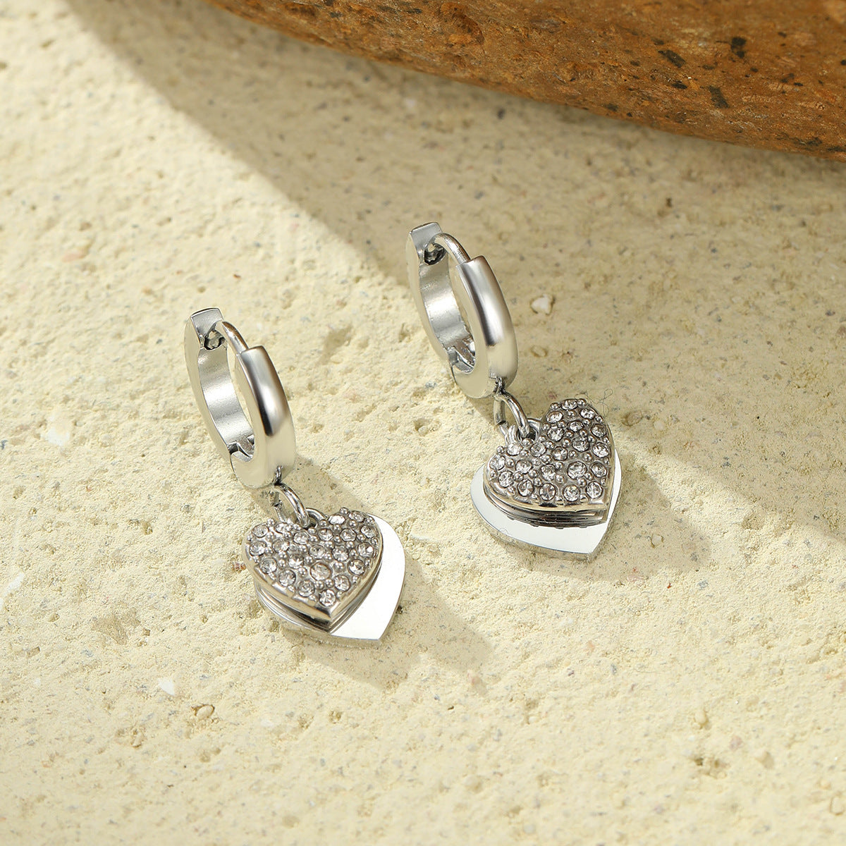 Fashionable Heart-Shaped Stainless Steel Earrings with Micro-Paved Zirconia for Women