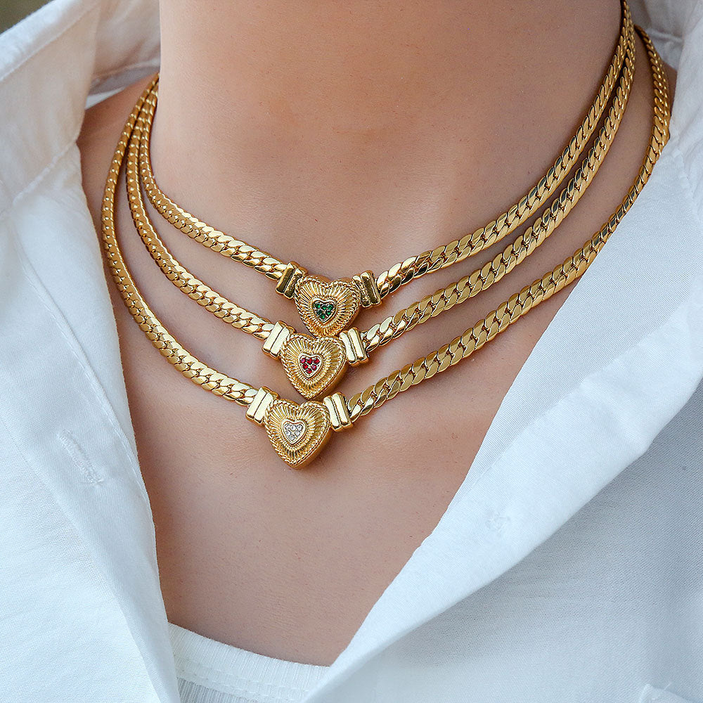 Collana da donna a catena cubana in acciaio al titanio placcato oro 18 carati con pendente a forma di cuore e elettrocardiogramma, stile Hip Hop