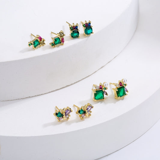 Minimalist Modern 18K Gold Plated Copper Micro-Paved Zircon Irregular Geometric Stud Earrings for Women