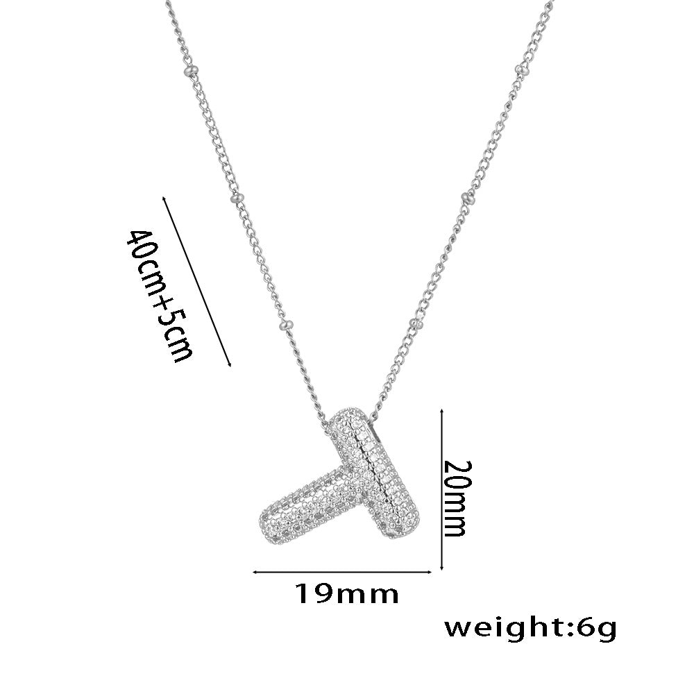 Minimalist Geometric Letter Pendant Necklace in Titanium Steel with Rhinestone Inlay and White Gold Plating on Snake Chain for Women