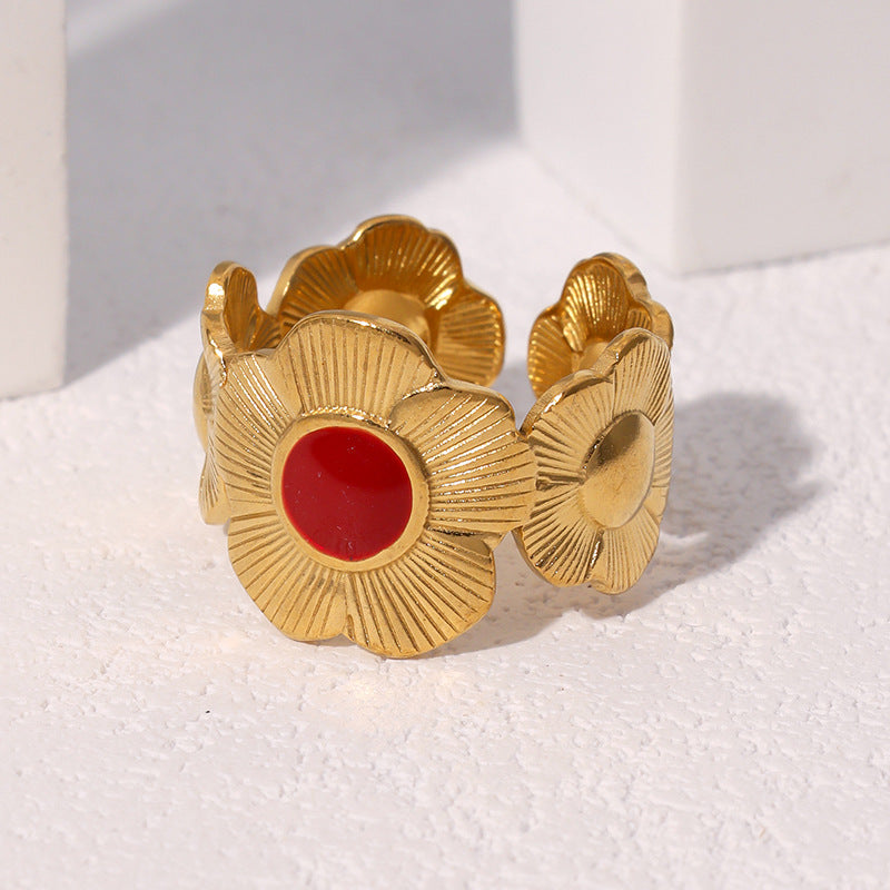 Anello aperto regolabile da donna a forma di fiore di crisantemo, in acciaio inossidabile placcato oro 18 carati, stile minimalista