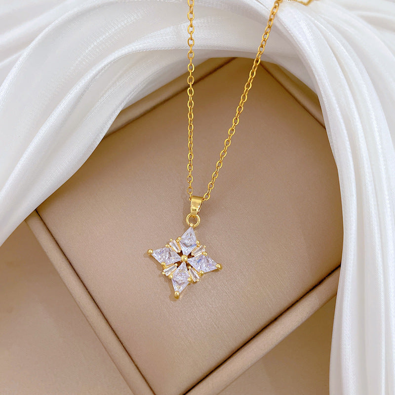 Sweet Minimalist Geometric Rhinestone Clover Pendant Titanium Steel Necklace for Unisex