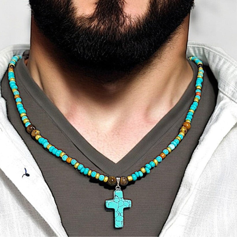 Vintage Ethnic Handmade Turquoise Bull Head Carved Geometric Pendant Necklace with Cable Chain