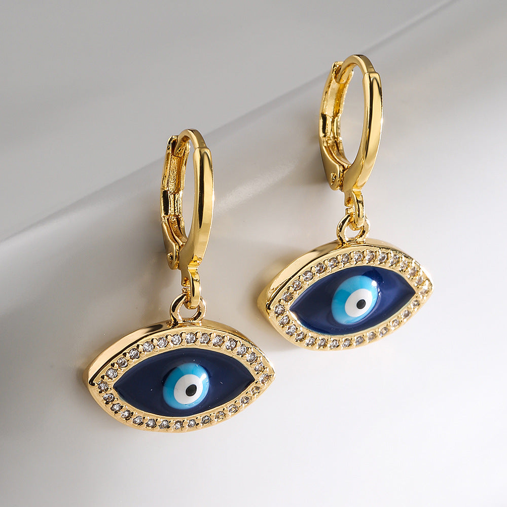 Geometric Blue Eye Earrings for Women with Copper Base Plated in 18K Gold and Enamel Finish