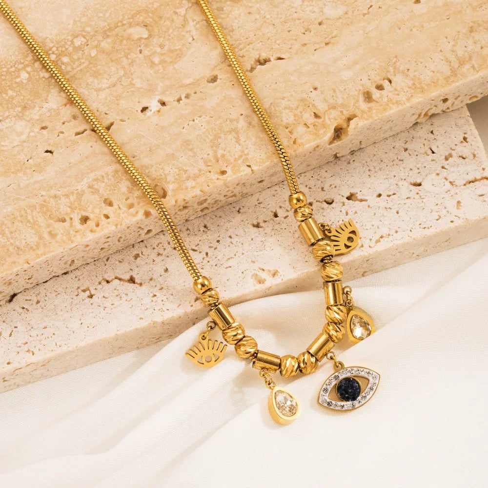 Evil Eye Teardrop Rhinestone Plated Titanium Steel Necklace for Women