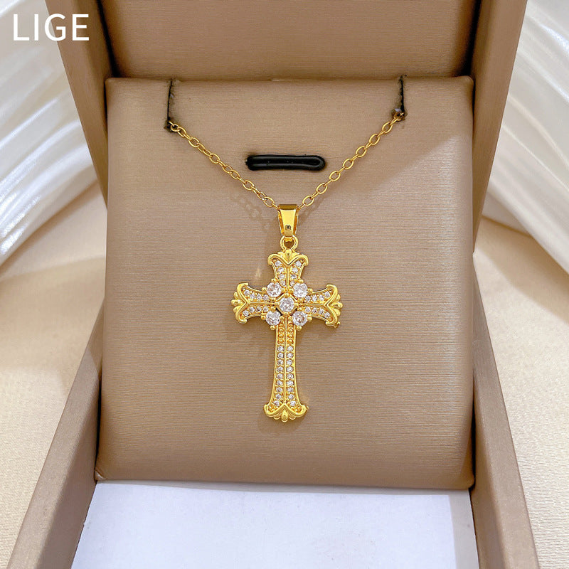 Sweet Minimalist Rhinestone Cross Geometric Titanium Steel Necklace for Unisex