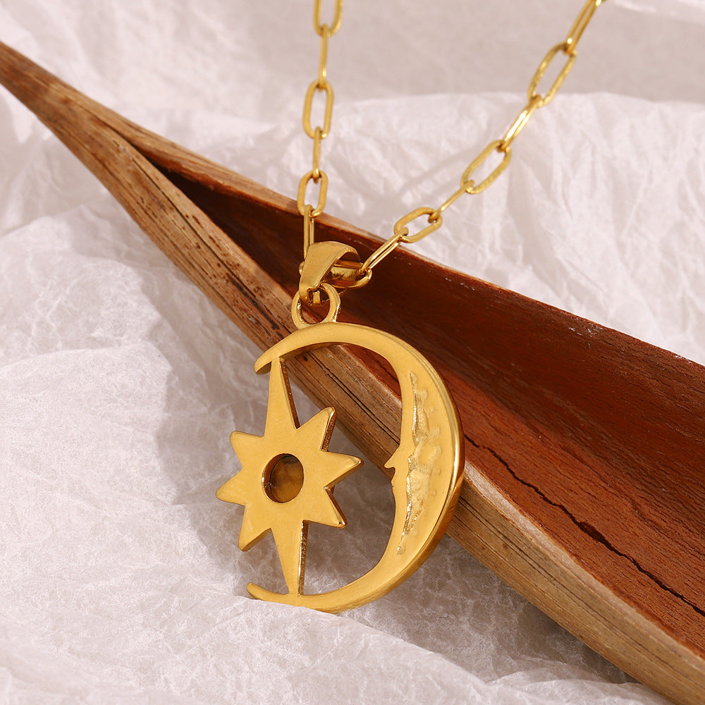 Collana con Ciondolo Vintage Stella e Luna da Donna in Acciaio Inossidabile con Placcatura in Oro 18K Design Celestiale Minimalista