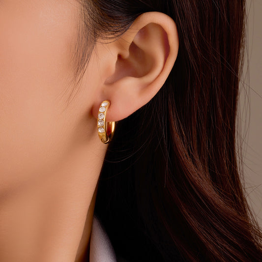 Vintage French Style Stainless Steel Earrings with Zircon Inlay Plated in 18K Gold Titanium Steel for Women