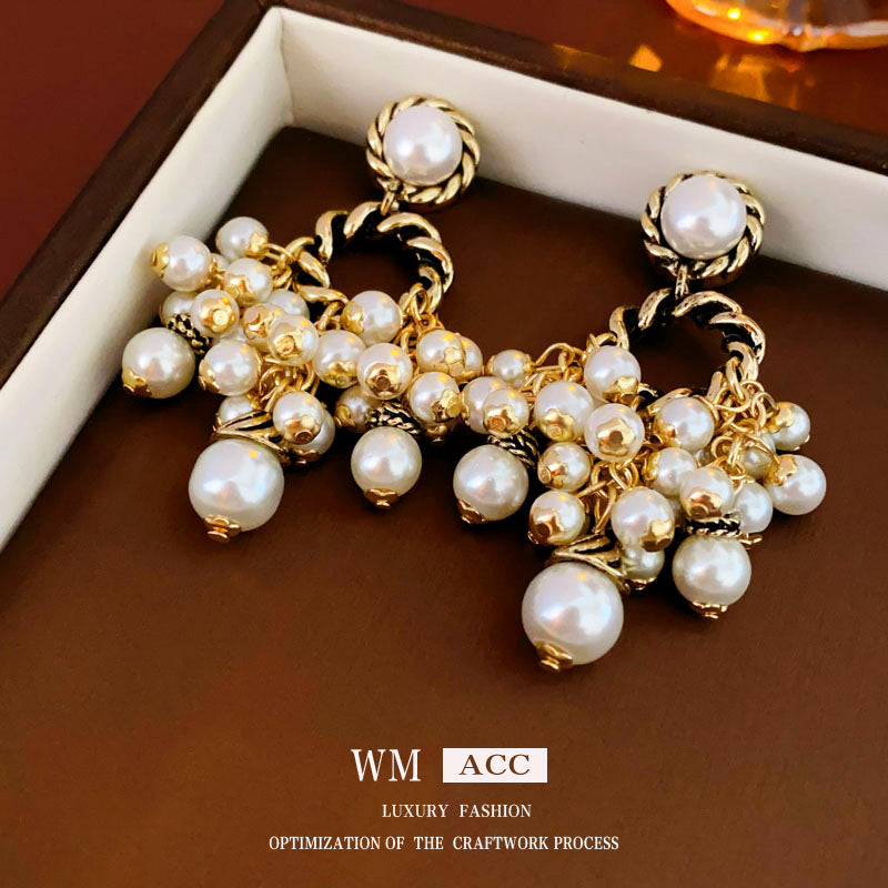 Vintage-Style Geometric Pearl Dangle Earrings with Oxidized Finish in Alloy and 925 Sterling Silver Posts