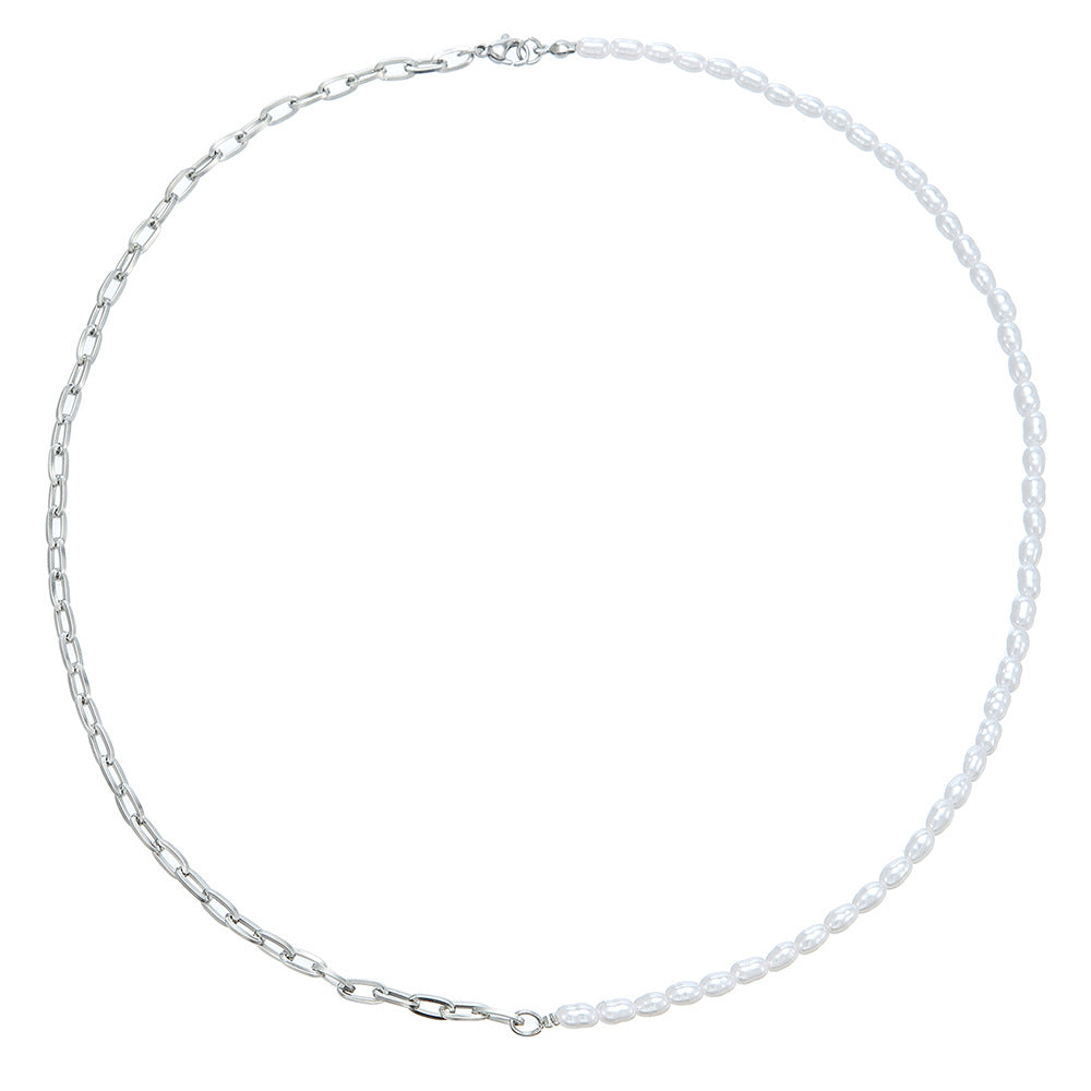 Collana da uomo in acciaio al titanio geometrica minimalista con ciondolo di perle d'imitazione e catena a maglie O