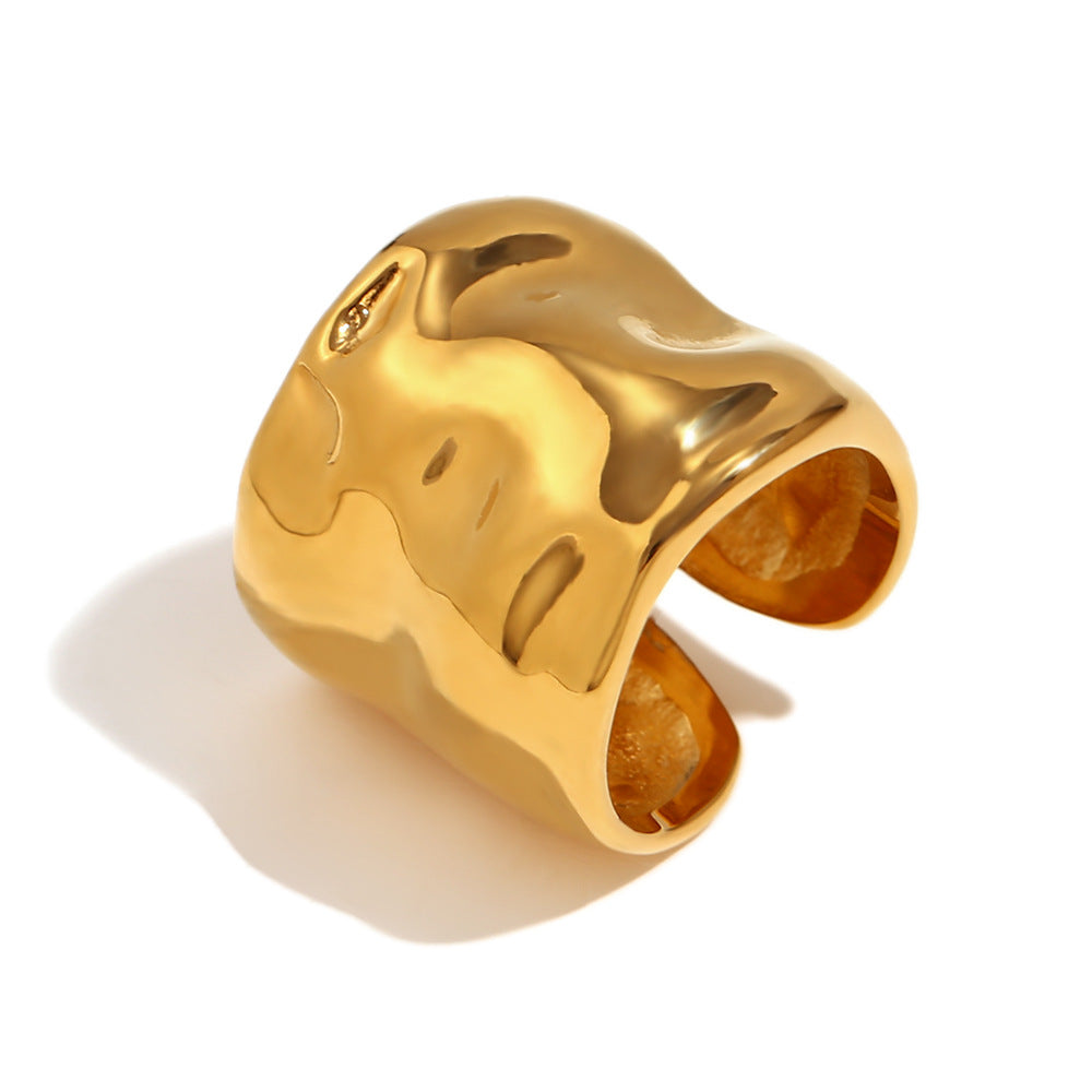 Minimalist Geometric Stainless Steel Plated 18K Gold Wave Texture Open Wide Band Ring for Women