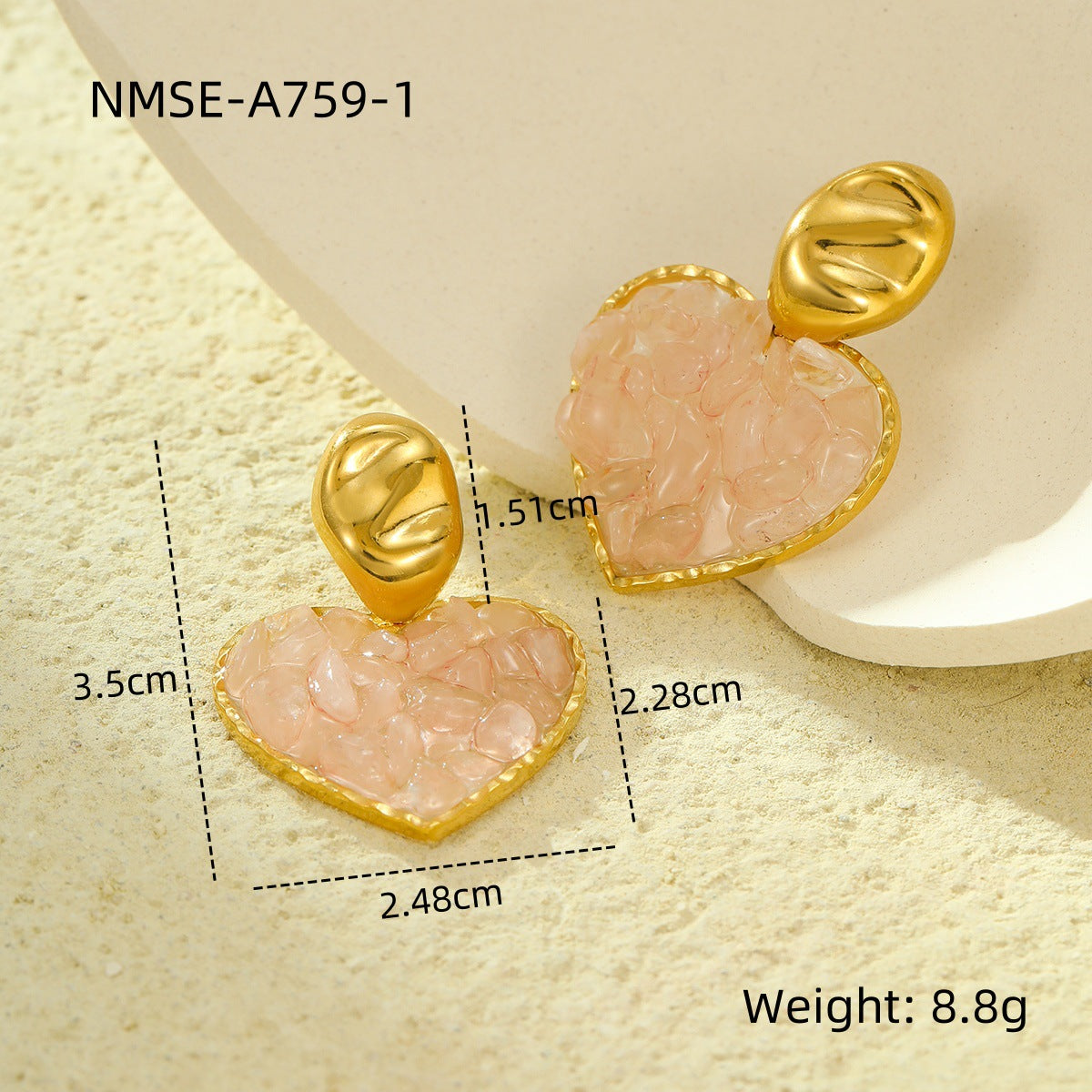 Fashionable Minimalist Heart-Shaped Natural Stone Inlaid Stainless Steel Earrings with 18K Gold Plating