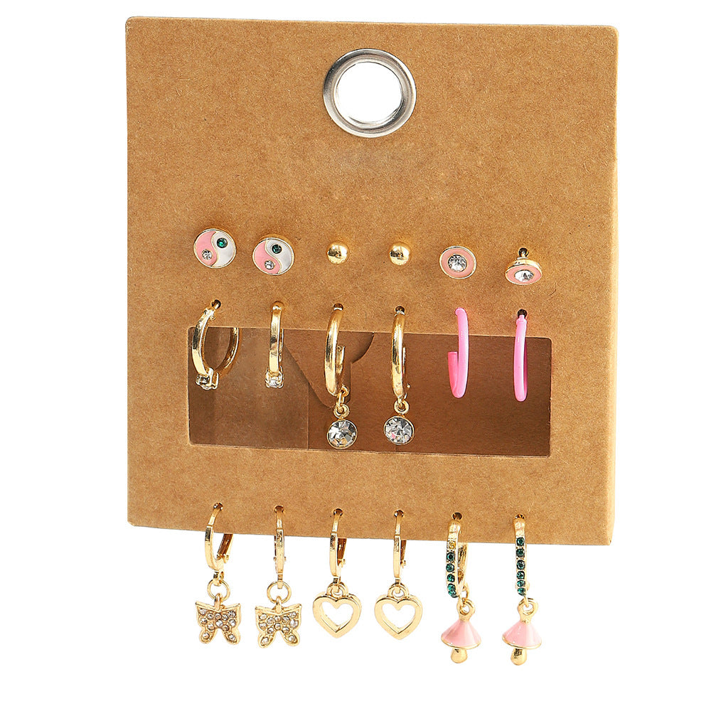 Geometric Butterfly Alloy Drip Oil Rhinestone C-Hoop Earrings Set
