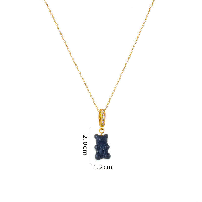 Minimalist Geometric Bear Pendant Necklace in Titanium Steel with Rhinestone Inlay on O-Chain for Women