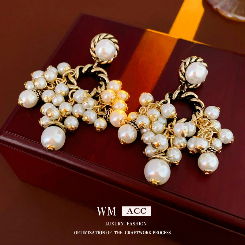 Vintage-Style Geometric Pearl Dangle Earrings with Oxidized Finish in Alloy and 925 Sterling Silver Posts