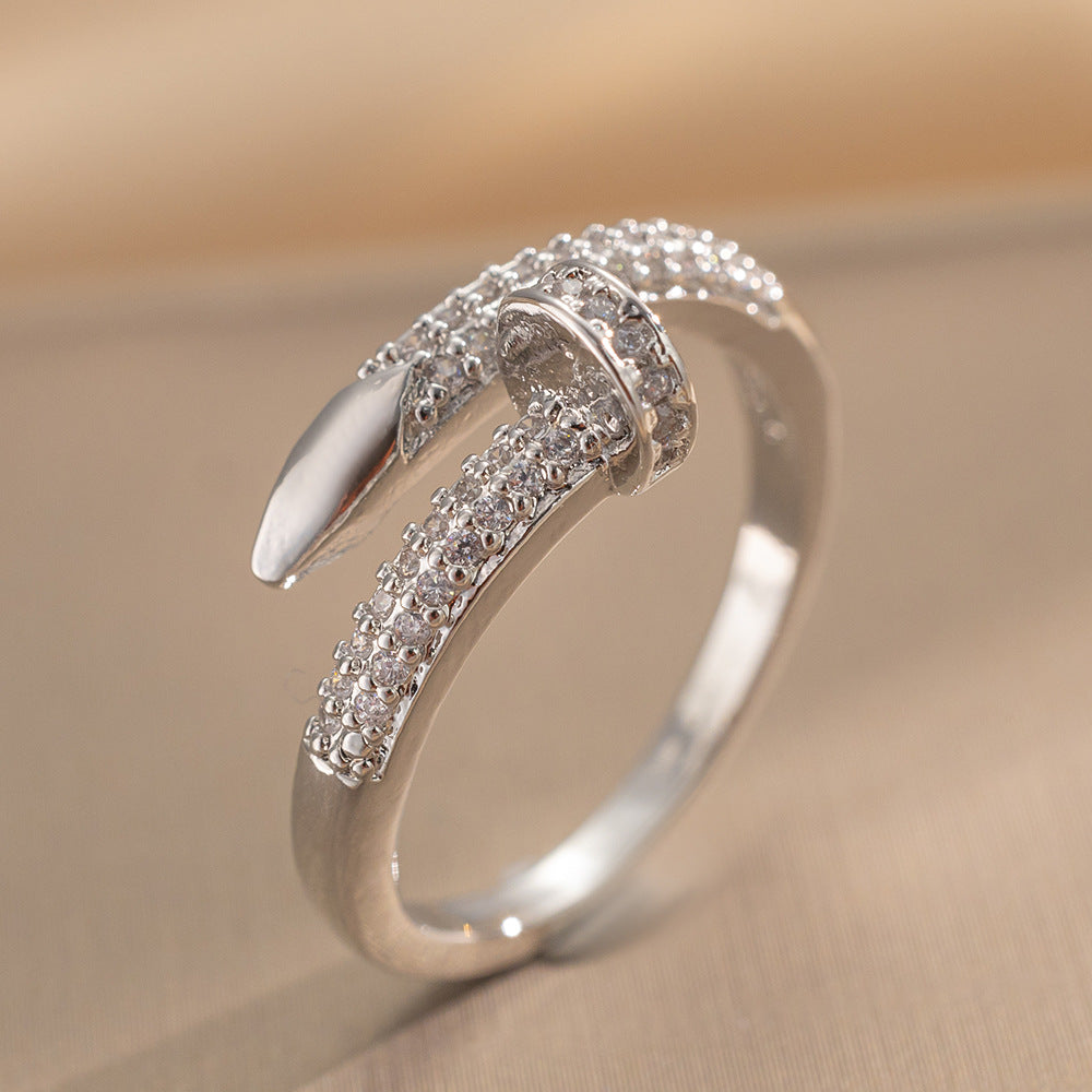 Luxury Minimalist Adjustable Open Ring for Women with Gold-Plated Copper Band and Zircon Stone Accent in Heart and Floral Shape