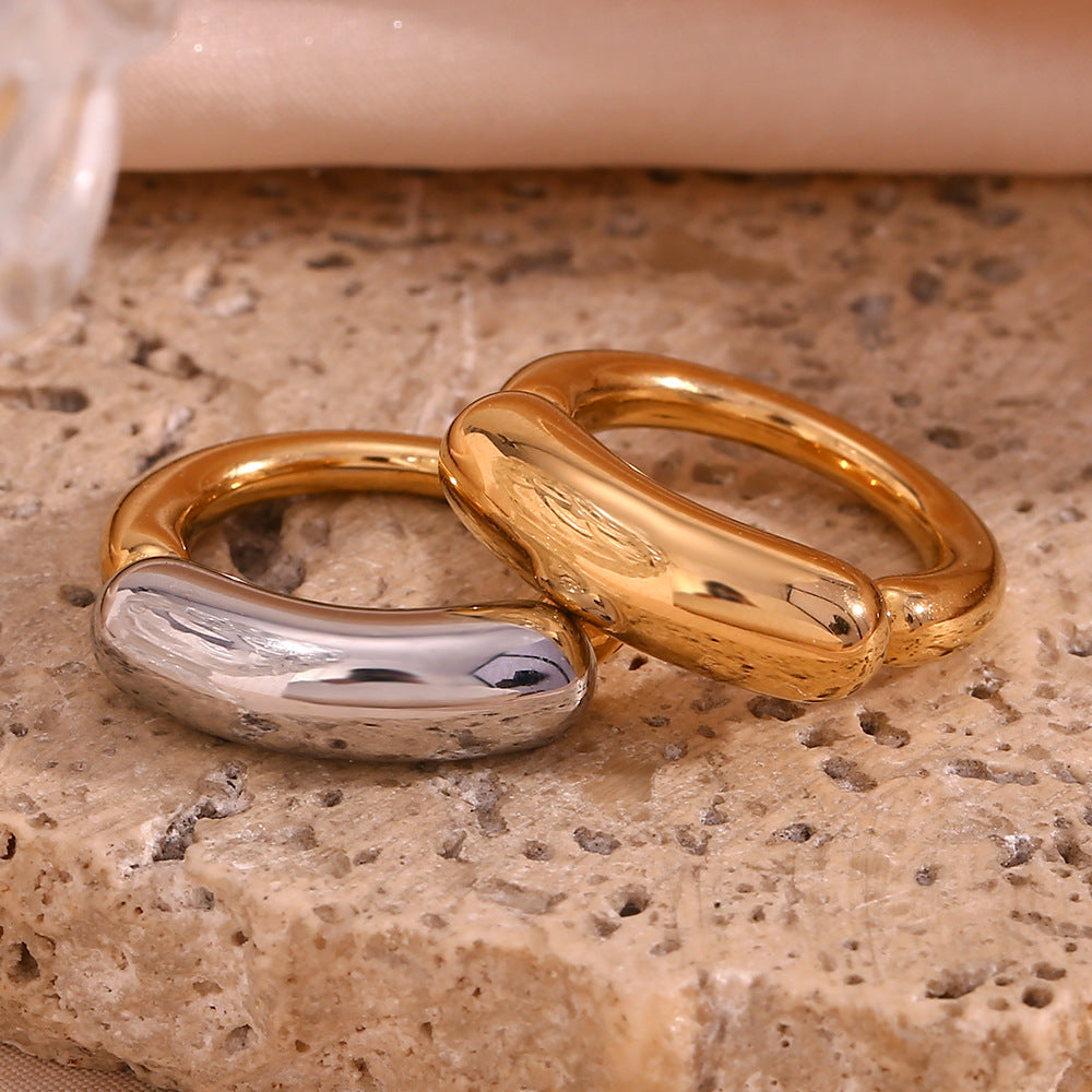 Minimalist Geometric Titanium Steel Ring with 18K Gold Plating and Contrasting Thick Band Smile Design