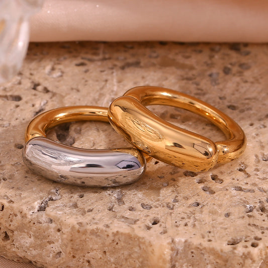 Minimalist Geometric Titanium Steel Ring with 18K Gold Plating and Contrasting Thick Band Smile Design