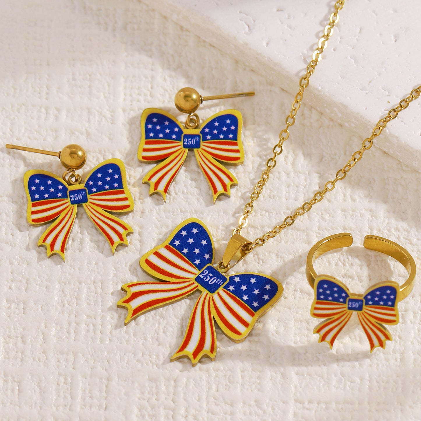 Elegant Stainless Steel Bow Pendant Necklace Set for Women 250th US Independence Day Commemorative Jewelry