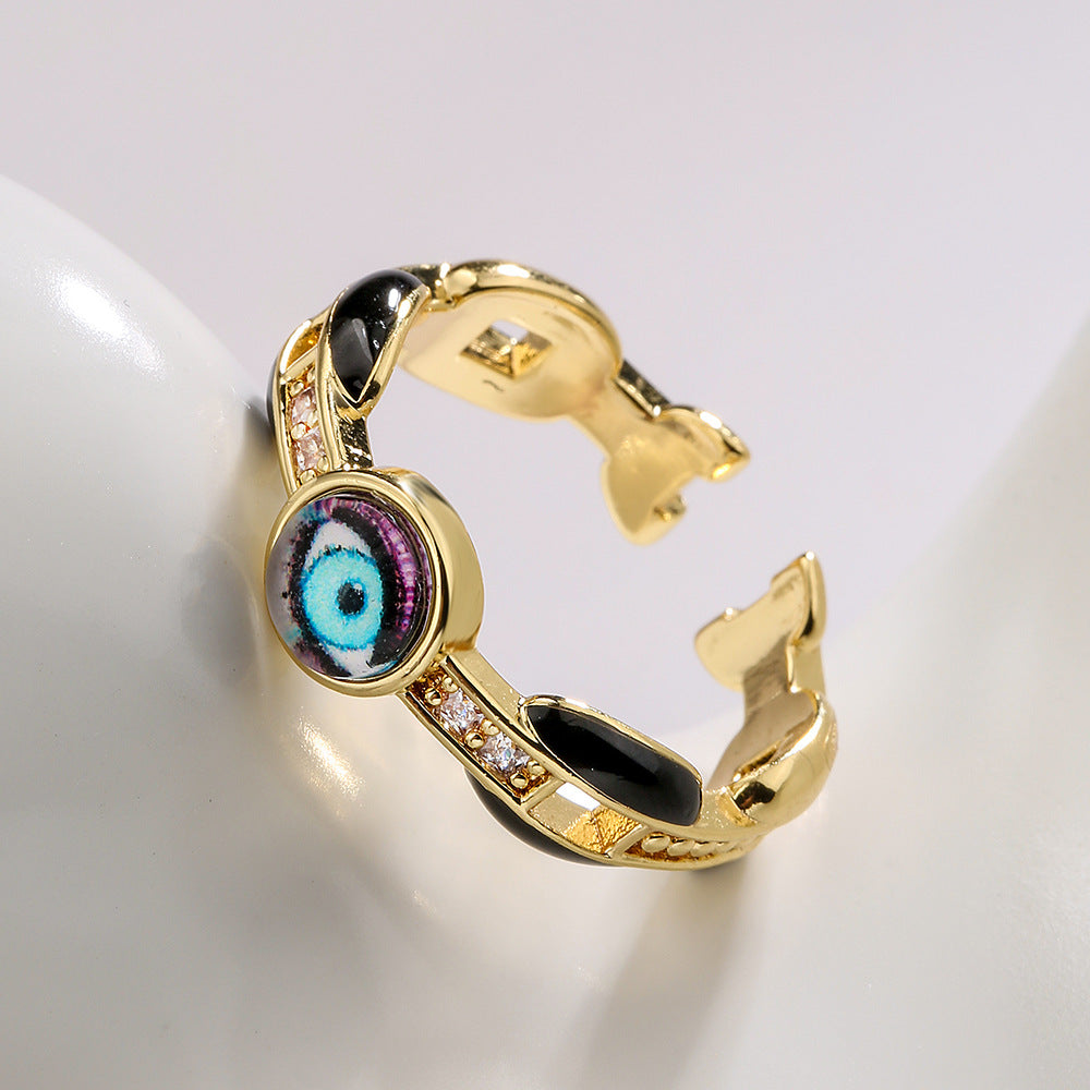 Minimalist Geometric Eye-Shaped Copper Ring with 18K Gold Plating and Enamel Finish for Women