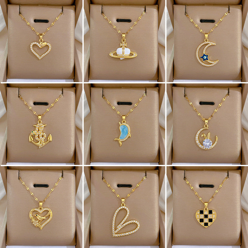 Collana in acciaio al titanio placcato di lusso geometrico da donna con catena a labbra, pendente dolce per festa di matrimonio
