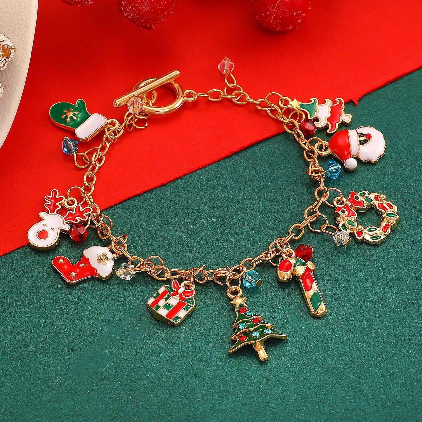 Braccialetto con ciondoli albero di Natale, Babbo Natale, renne e fiocchi di neve, stile neutro, per donna, con base in lega e finitura in smalto