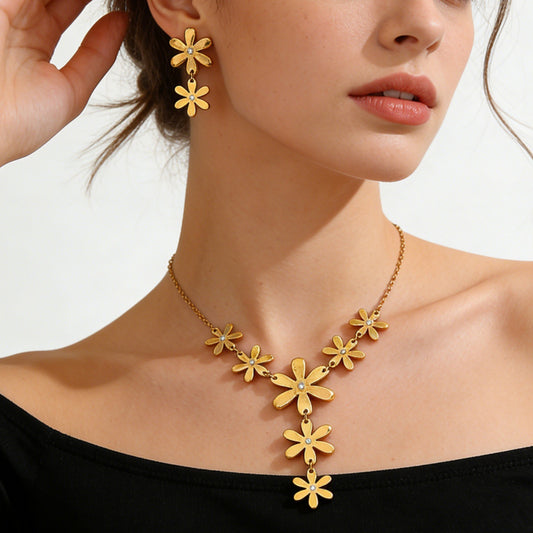 Minimalist 18K Gold Plated Stainless Steel Daisy Flower Necklace and Earring Set for Women