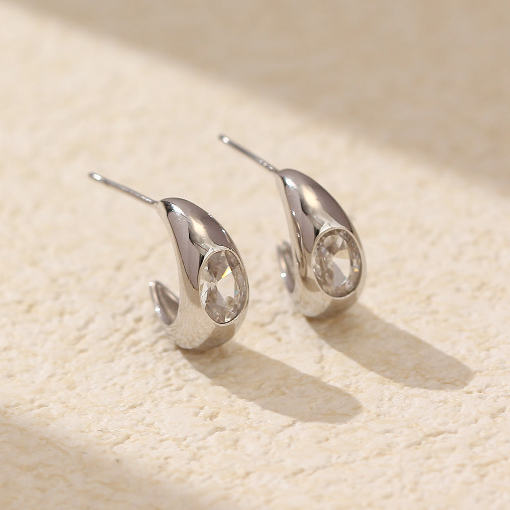 Minimalist Elegant 925 Sterling Silver Geometric Oval C-Shape Inlaid Diamond Earrings for Women