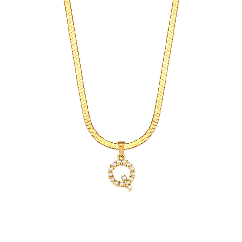 Fashionable Letter Pendant Necklace for Women Stainless Steel Plated 18K Gold Flat Snake Chain with Pearl Accent