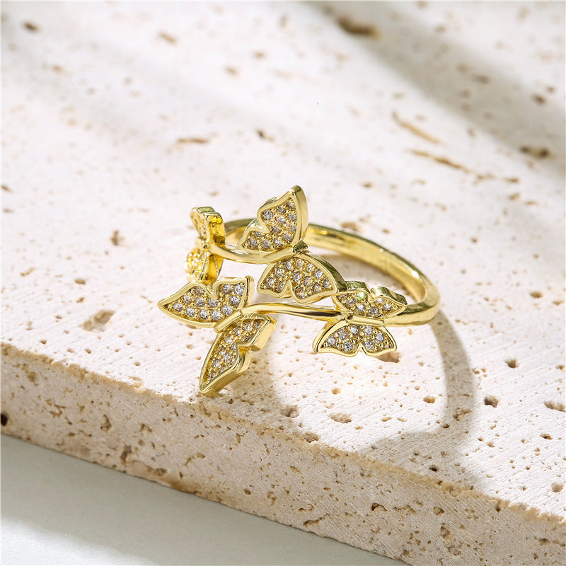 Minimalist 18K Gold Plated Brass Geometric Butterfly Ring with Cubic Zirconia