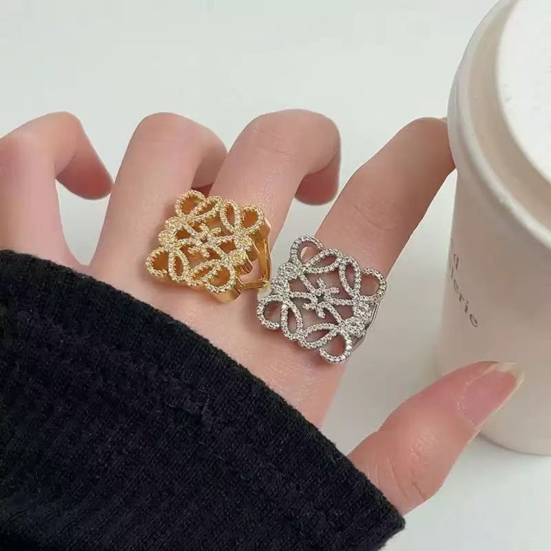Minimalist Geometric Hollow-Out Ring with Rhinestone Inlay in 18K Gold-Plated Copper for Women