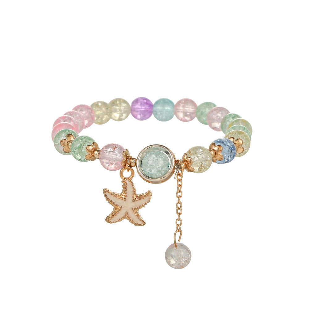 Sweet Natural Round Glass Beaded Bracelet with Drip Oil Starfish Shell Swan Charms and Crackle Texture