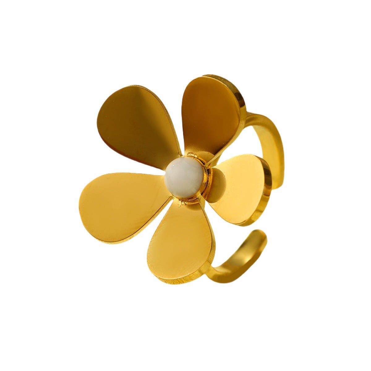 Anello da donna in acciaio inossidabile placcato oro 18 carati con fiore e petali e pietra naturale, stile Fashion OL