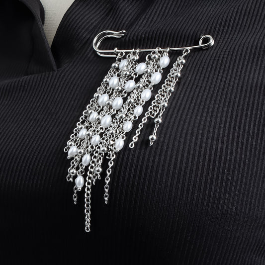Fashion Geometric Alloy Brooch with Pearl and Tassel for Women