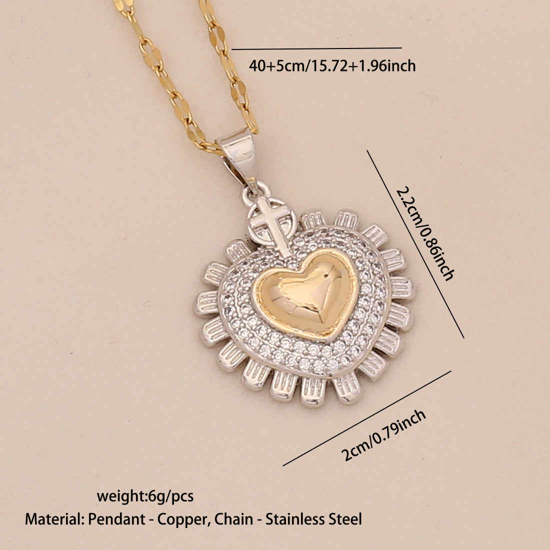 Fashionable Heart-Shaped Copper Pendant Necklace with Gold-Tone Accents for Women